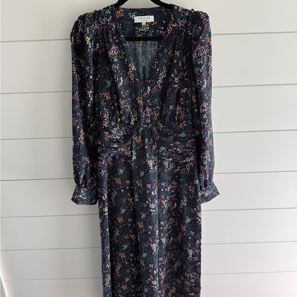 Derek Lam Navy Blue Floral Midi Dress, Size 38 (US size 8)